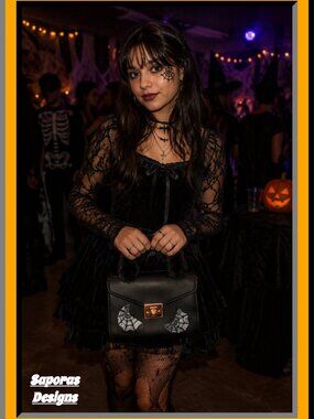 Hand Painted Spider Web Leather Handbag With Fur Handle Biker Gothic Punk Rock